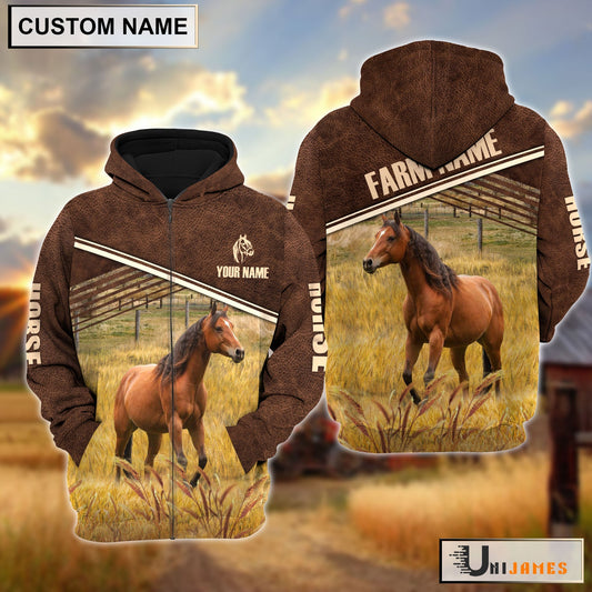 Uni Horse On Farm Leather Pattern Personalized Hoodie