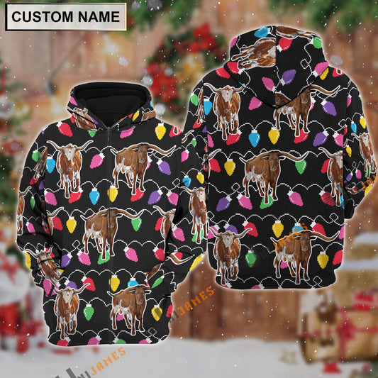 Uni Texas Longhorn Christmas Led Light Personalized Name 3D Hoodie