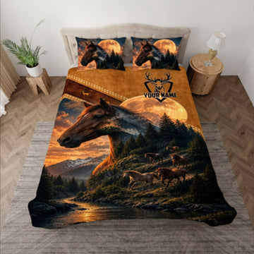 UniJames Custom Name Horse Hunting Double Exposure Leather Bedding Set 3D Print