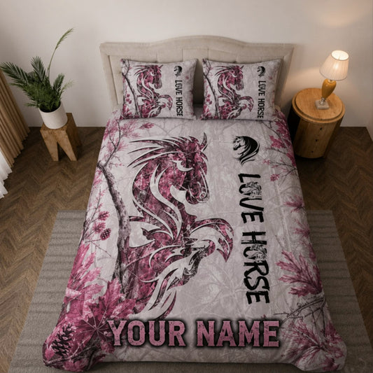 UniJames Custom Name Horse Bedding Set Pink Camo Horse Lover