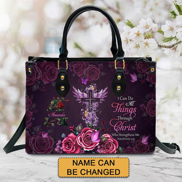 Personalized Floral Leather Handbag - Custom Name |