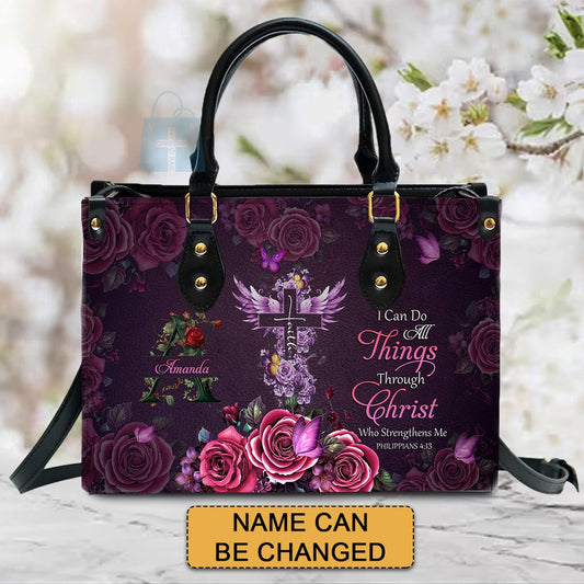 Personalized Floral Leather Handbag - Custom Name |