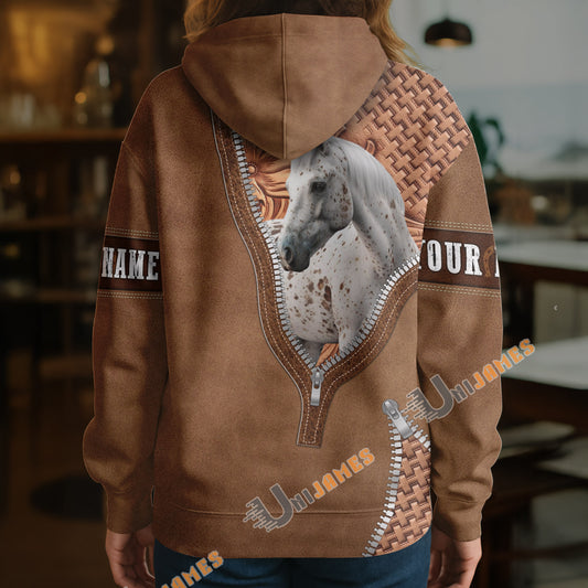 UniJames Appaloosa Horse Faux Zipper Tooled Leather 3D Hoodie
