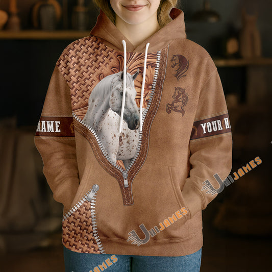 UniJames Appaloosa Horse Faux Zipper Tooled Leather 3D Hoodie