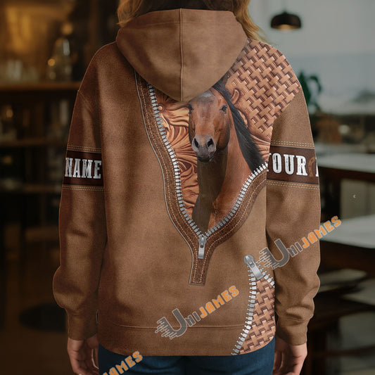 UniJames American Quarter Horse Faux Zipper Tooled Leather 3D Hoodie