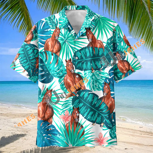 Unijames American Quarter Horse In Tropical Leaves Pattern Hawaiian Shirt