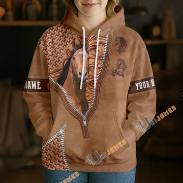 UniJames American Quarter Horse Faux Zipper Tooled Leather 3D Hoodie