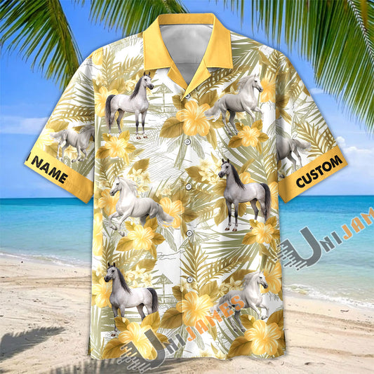Unijames Personalized Arabian Horse Yellow Hibiscus Hawaiian Shirt