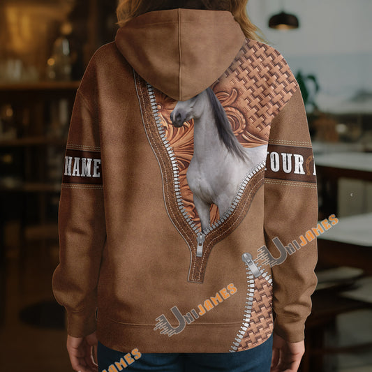 UniJames Arabian Horse Faux Zipper Tooled Leather 3D Hoodie