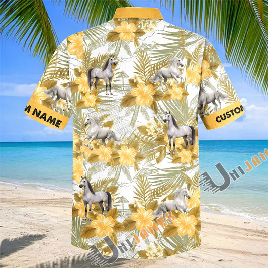 Unijames Personalized Arabian Horse Yellow Hibiscus Hawaiian Shirt