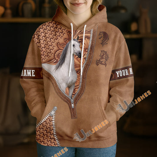 UniJames Arabian Horse Faux Zipper Tooled Leather 3D Hoodie