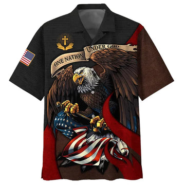 UniJames American Bald Eagle Flag Usa One Nation Under God Hawaiian Shirts - Christian Hawaiian Shirt - Hawaiian Summer Shirts