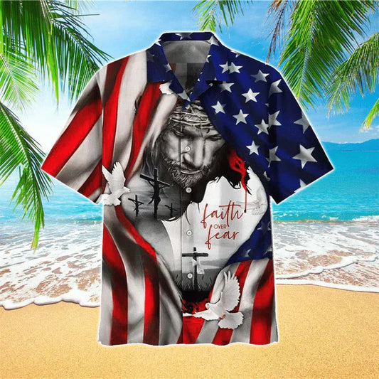 UniJames American Flag Faith Over Fear Jesus Hawaiian Shirt - Christian Hawaiian Shirt for Men Women