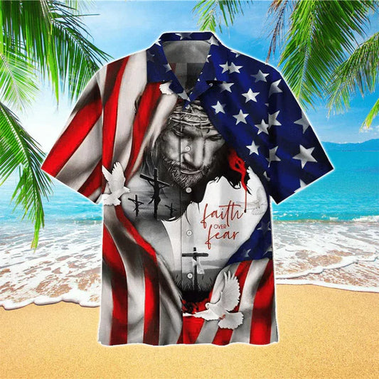 UniJames American Flag Faith Over Fear Jesus Hawaiian Shirt - Christian Hawaiian Shirts For Men & Women