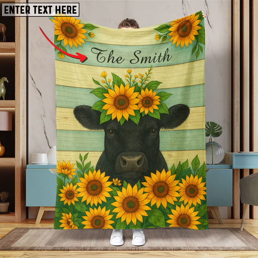 UniJames Sunflower Cattle On Farm Personalized Name Blanket