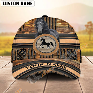 Unijames Friesian American Flag Wooden Pattern Personalized Name Cap