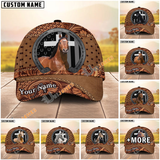 Unijames Personalized Horse Portrait with Horseshoe Frame Western Tooled Leather Pattern Cap (9 Breeds)