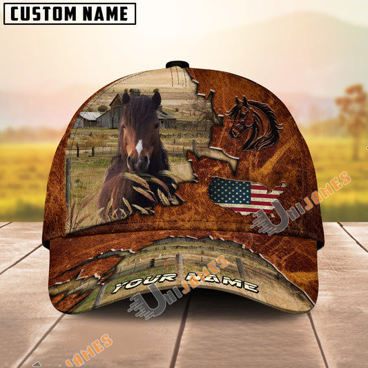 Unijames Hackney Dark Brown Leather Pattern American Flag Map Personalized Name Cap