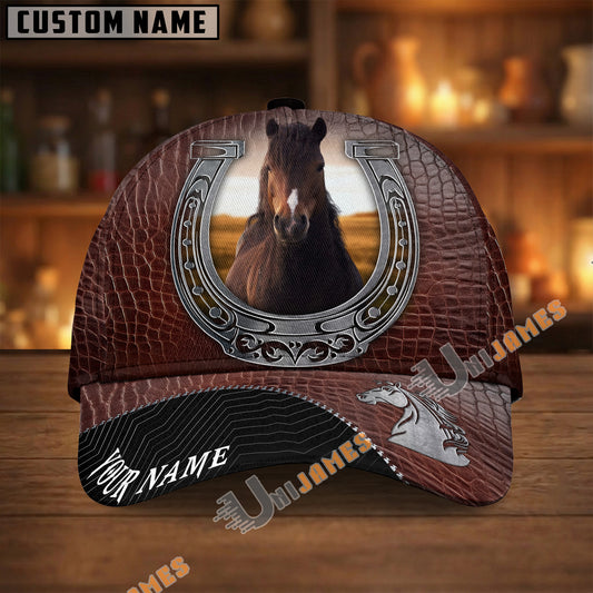 Unijames Hackney Dark Brown Leather Horseshoe Pattern Personalized Name Cap
