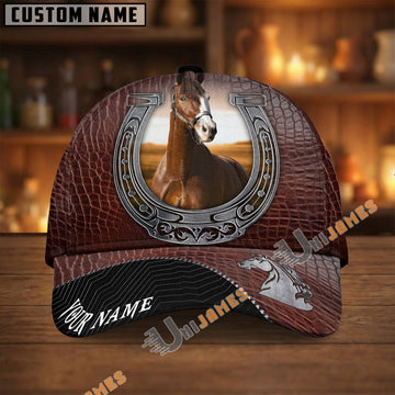 Unijames Warmblood Dark Brown Leather Horseshoe Pattern Personalized Name Cap