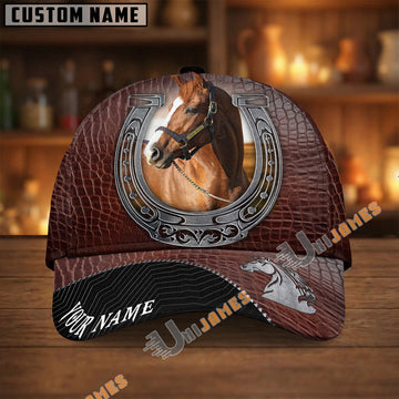 Unijames Thoroughbred Dark Brown Leather Horseshoe Pattern Personalized Name Cap