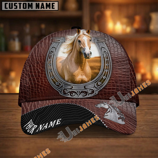 Unijames Palomino Dark Brown Leather Horseshoe Pattern Personalized Name Cap