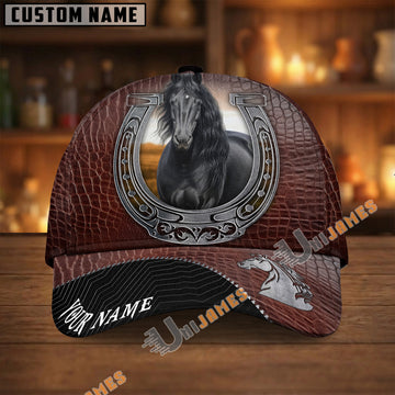 Unijames Friesian Dark Brown Leather Horseshoe Pattern Personalized Name Cap