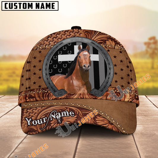 Unijames Personalized Horse Portrait with Horseshoe Frame Western Tooled Leather Pattern Cap (9 Breeds)