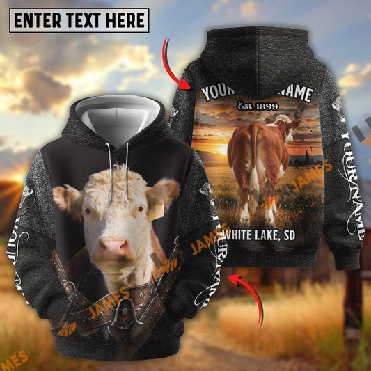 Uni Personalized Cow Back Portrait Sunset Grassland Name & Farm Name Cattle Hoodie  (9 Breeds)