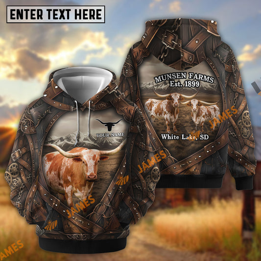 Uni Personalized Cow Portrait Camo Dark Grassland Leather Belt Pattern Name & Farm Name Cattle Hoodie  (9 Breeds)
