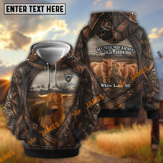 Uni Personalized Cow Portrait Camo Dark Grassland Leather Belt Pattern Name & Farm Name Cattle Hoodie  (9 Breeds)