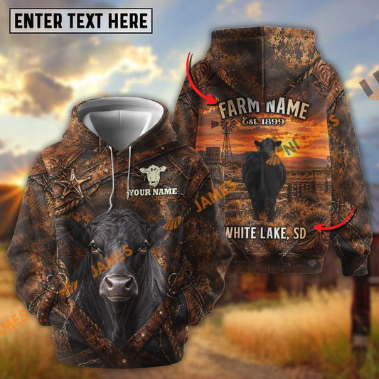 Uni Personalized Cow Portrait Sunset Ranch Dark Brown Leather Pattern Name & Farm Name Cattle Hoodie  (9 Breeds)