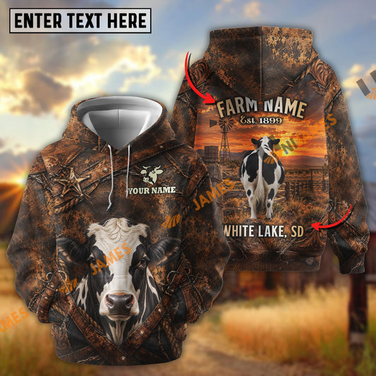 Uni Personalized Cow Portrait Sunset Ranch Dark Brown Leather Pattern Name & Farm Name Cattle Hoodie  (9 Breeds)