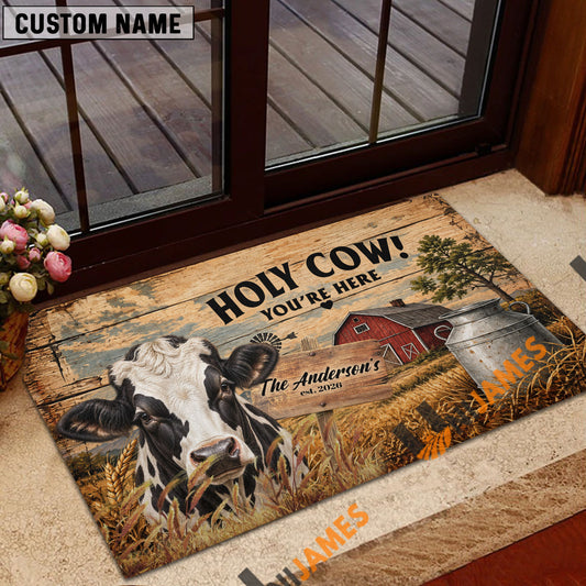 Uni Rustic Holy Cow! You're Here Red Barn Milk Can Custom Name And Year Cow Welcome Doormat (10 Breeds)