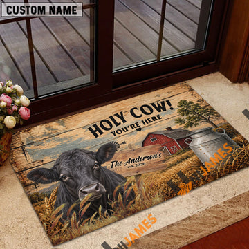 Uni Rustic Holy Cow! You're Here Red Barn Milk Can Custom Name And Year Cow Welcome Doormat (10 Breeds)