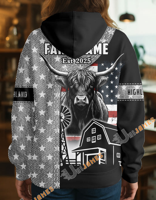 Uni Personalized American Flag Ranch Pattern Name & Farm Name Cattle Hoodie