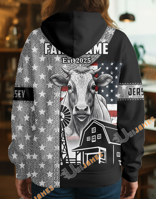 Uni Personalized American Flag Ranch Pattern Name & Farm Name Cattle Hoodie