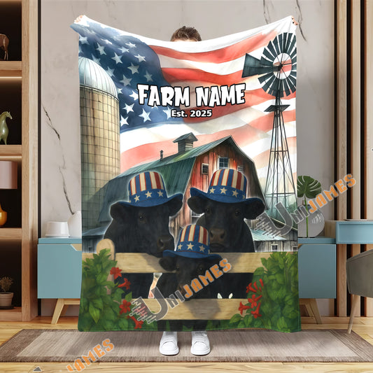 Uni Personalized Farm Name Blanket with American Flag & Cow