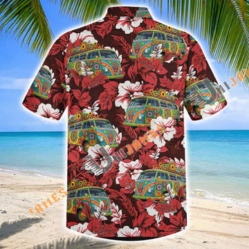 Unijames Hippie Camping Van Red Hibiscus Hawaiian Shirt