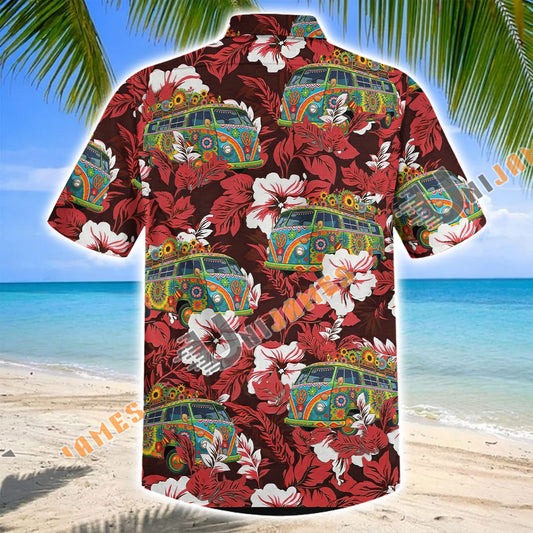 Unijames Hippie Camping Van Red Hibiscus Hawaiian Shirt