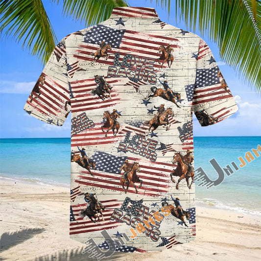 Unijames Love Racing Horse American Flag Hawaiian Shirt