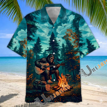 Unijames Bigfoot Playing Guitar Campfire Hawaiian Shirt