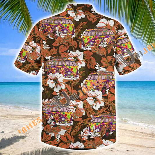 Unijames Hippie Camping Van Brown Hibiscus Hawaiian Shirt