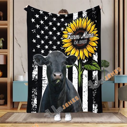 Uni Personalized Sunflowers & Cattle USA Flag Farm Blanket (10 Cattle Breeds)