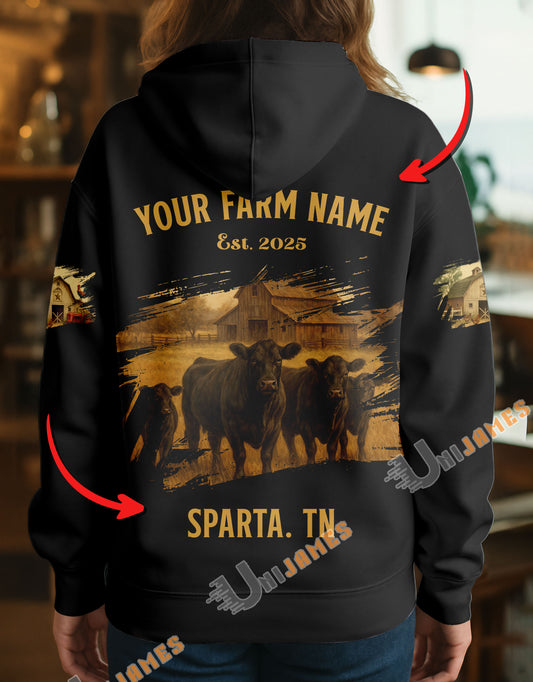 Uni Personalized Name & Farm Name Black Cattle Hoodie