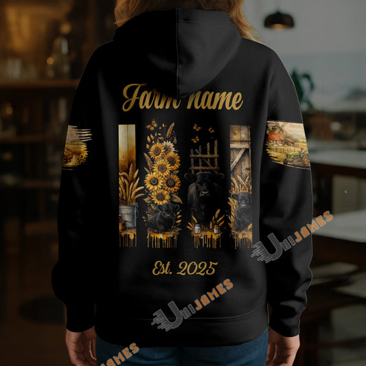 Uni Personalized Golden Harvest Farm Sunflower & Cow Hoodie (8 Cattle Breeds)