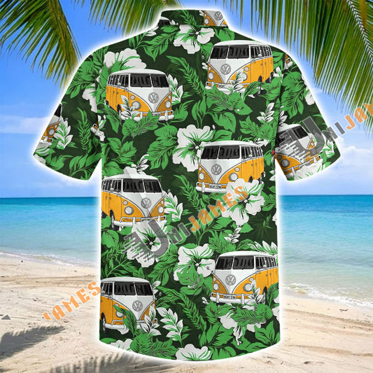 Unijames Green Camping Van Tropical Hibiscus Hawaiian Shirt