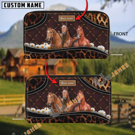 Uni American Quarter Horse Happiness Sunflower Custom Name 3D Leather Clutch