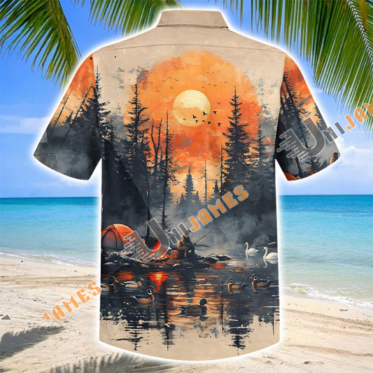 Unijames Fishing Camping Sunset Forest Lake Hawaiian Shirt