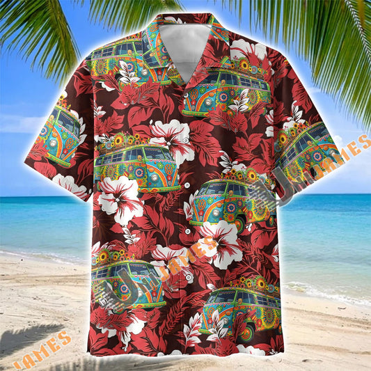 Unijames Hippie Camping Van Red Hibiscus Hawaiian Shirt